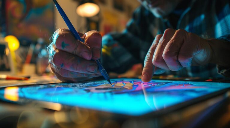 Close-up of an artist's hand painting with a blue brush on a colorful canvas, with a blurred artistic background.