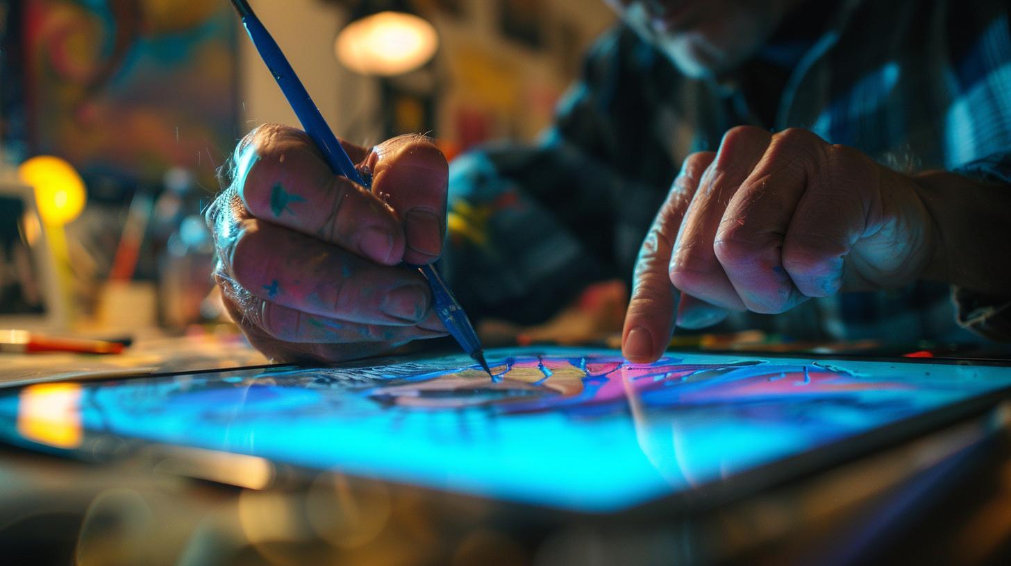 Close-up of an artist's hand painting with a blue brush on a colorful canvas, with a blurred artistic background.