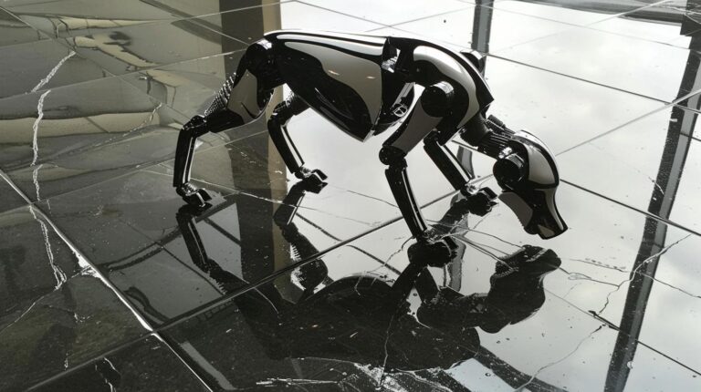 Black quadruped robot on reflective cracked surface in modern environment.