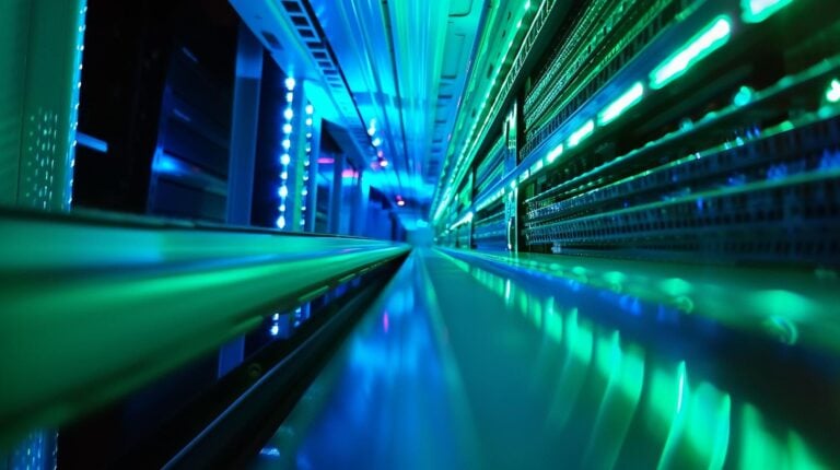 Blue and green lights illuminating server racks in a data center corridor