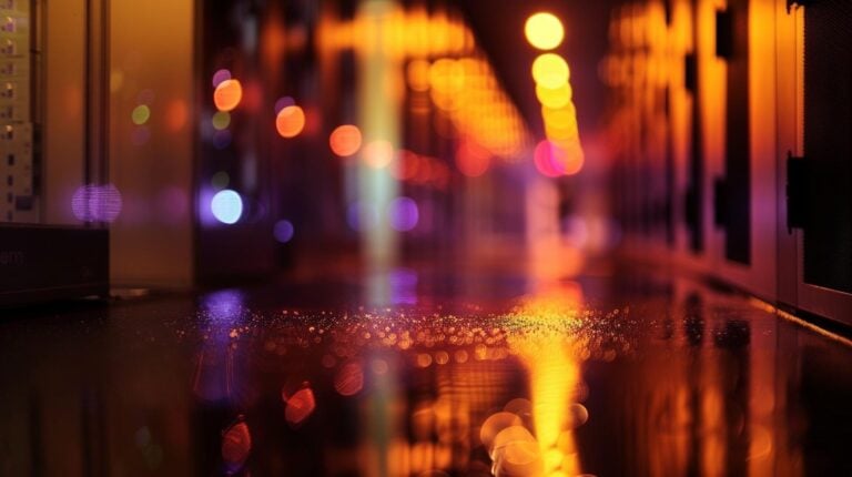 Blurred server room with glowing lights and reflections for technology background