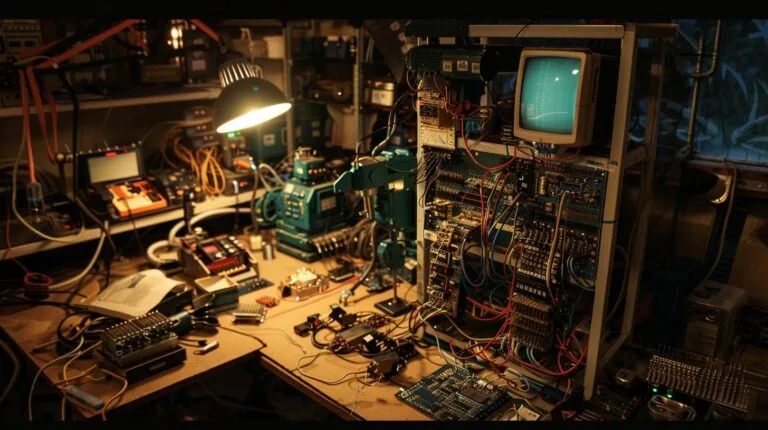 Busy electronics workshop with oscilloscopes, soldering stations, and various electronic components.