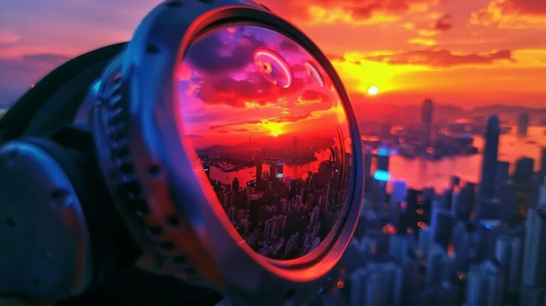 Close-up of a camera lens capturing a vibrant sunset over a city skyline with skyscrapers and waterways.