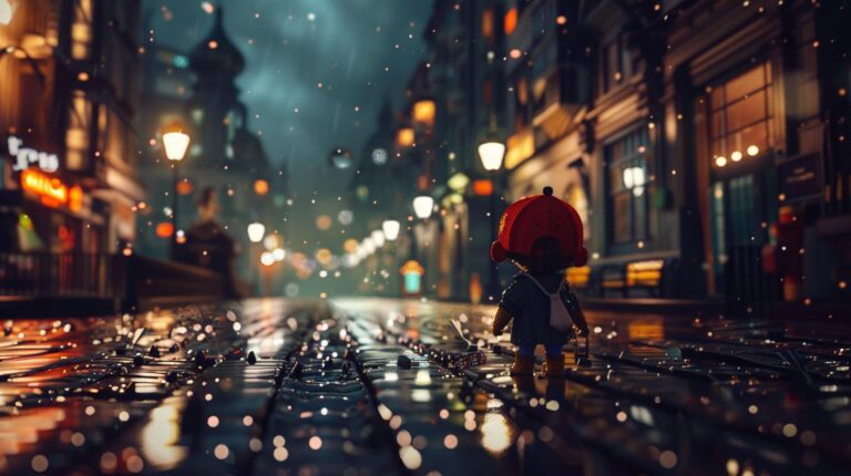 Child with red hat walking on rainy city street at night with glowing lights and wet pavement.