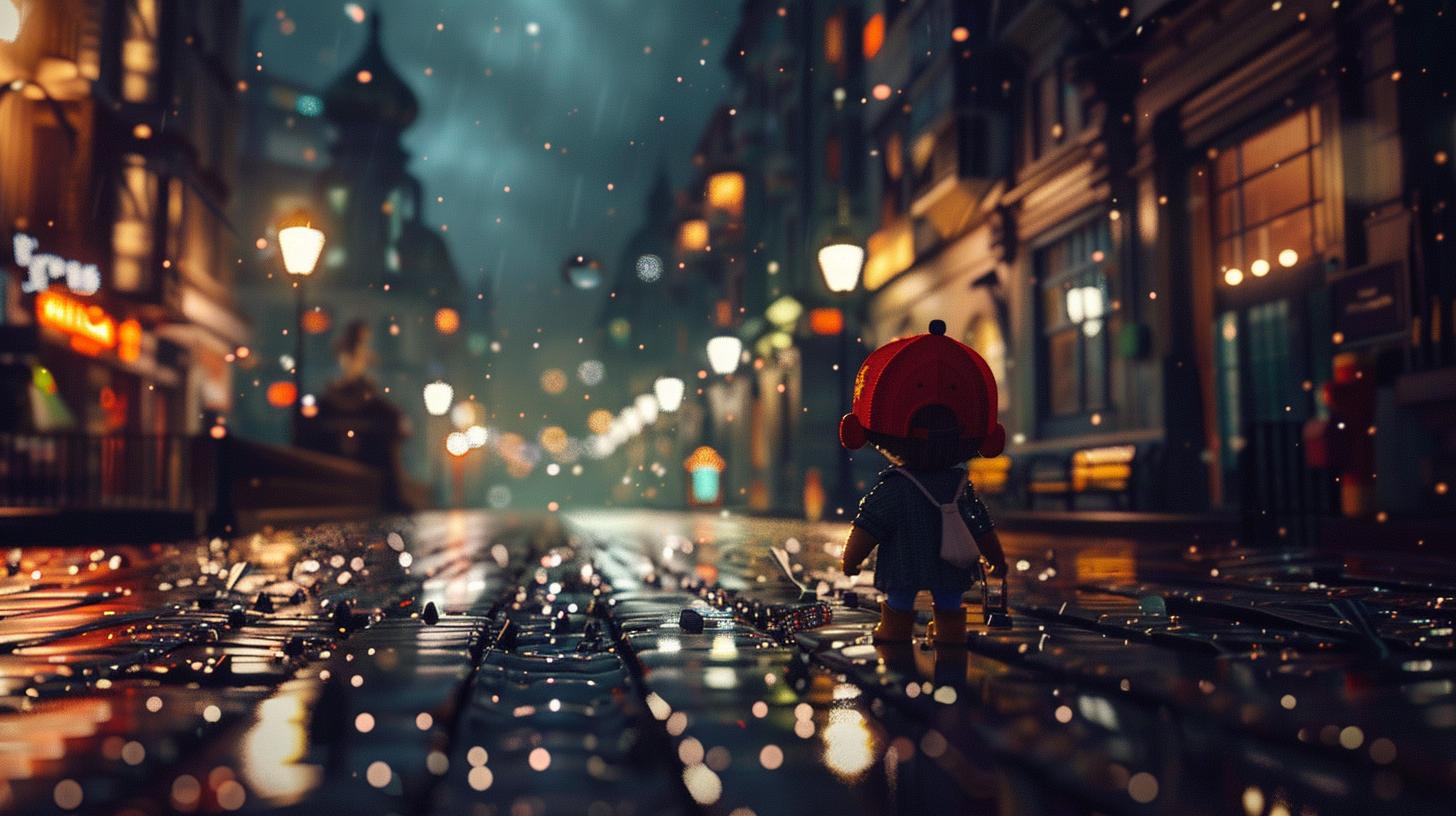 Child with red hat walking on rainy city street at night with glowing lights and wet pavement.