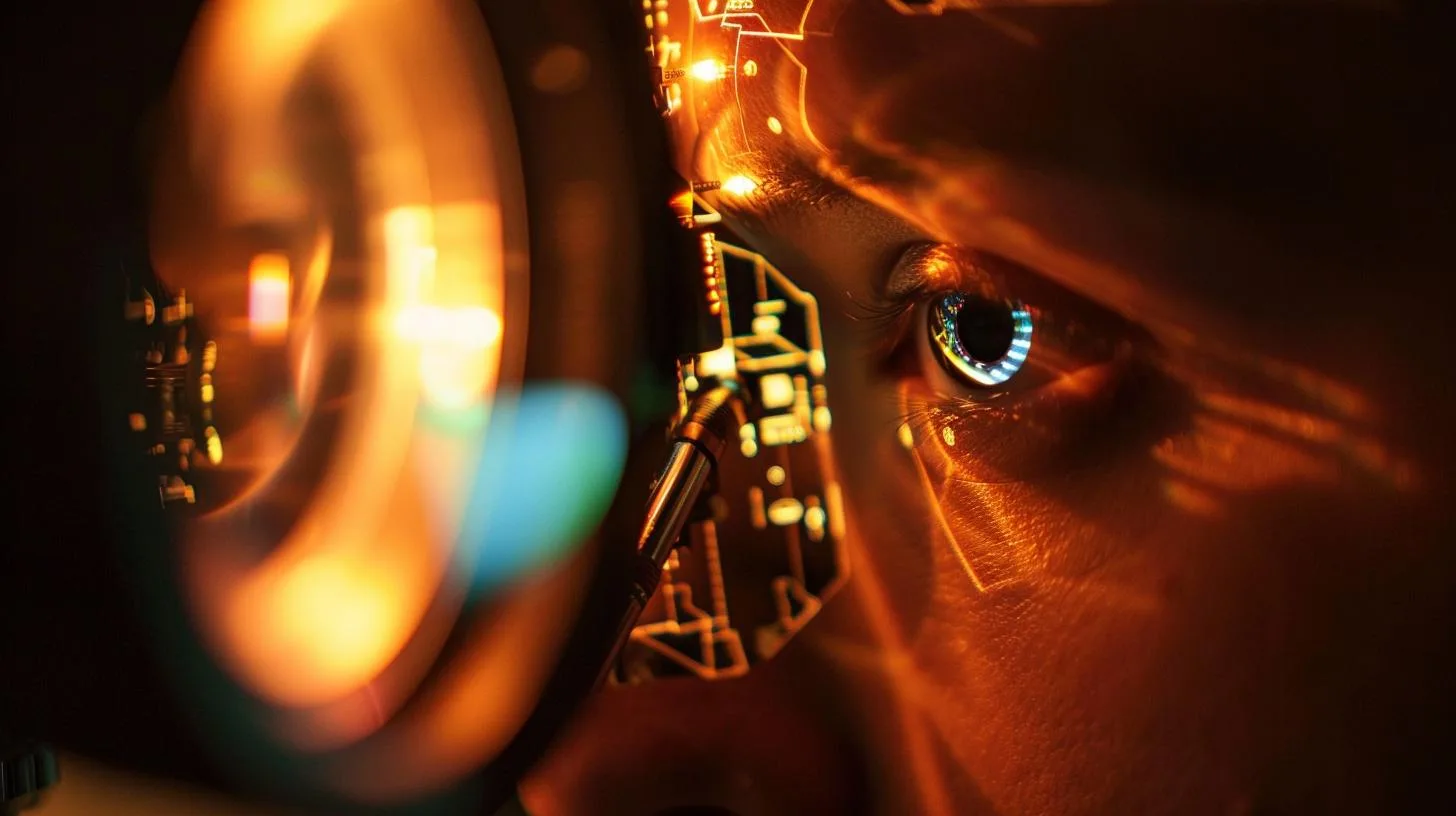 Close-up of person inspecting circuit board with magnifying lens, highlighting intricate electronics and human eye detail