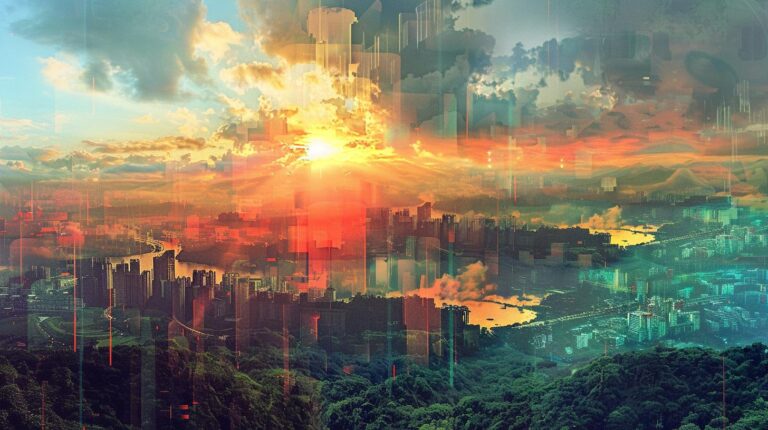 Double exposure cityscape with forest overlay at sunset for a conceptual urban nature blend
