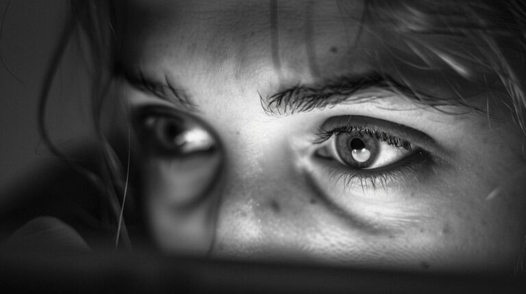 Close-up black and white photo of a person's eyes showing detail and emotion.