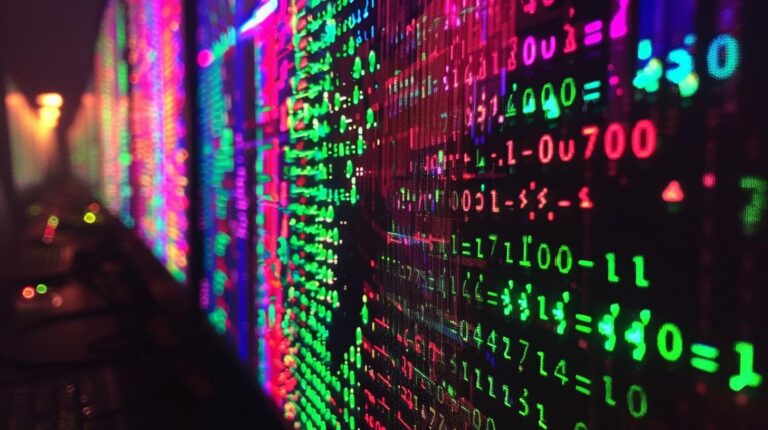 Colorful binary code on computer screens indicating data and cybersecurity concept.