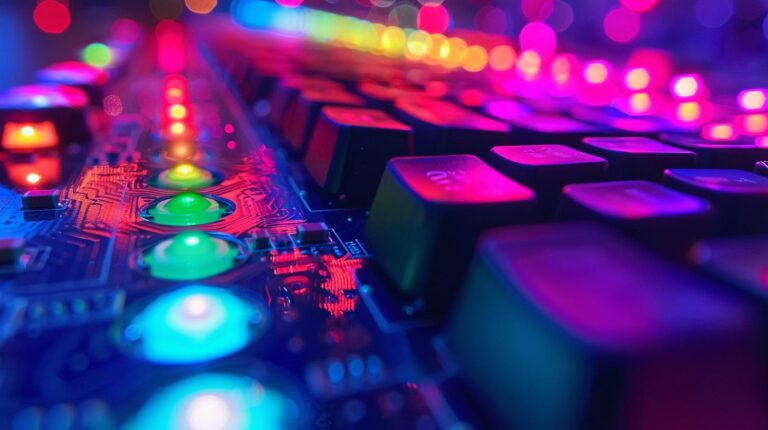 Close-up of a colorful illuminated gaming keyboard and circuit board with bokeh lights effect.