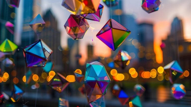 Colorful geometric hanging decorations with blurred city skyline background at dusk.
