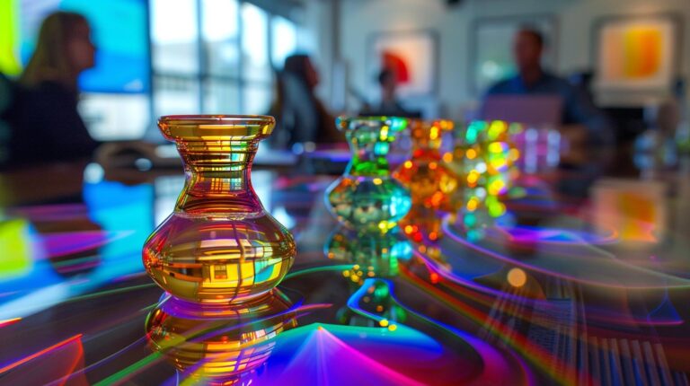 Colorful glass vases on a reflective surface with blurred background of people in a meeting room.