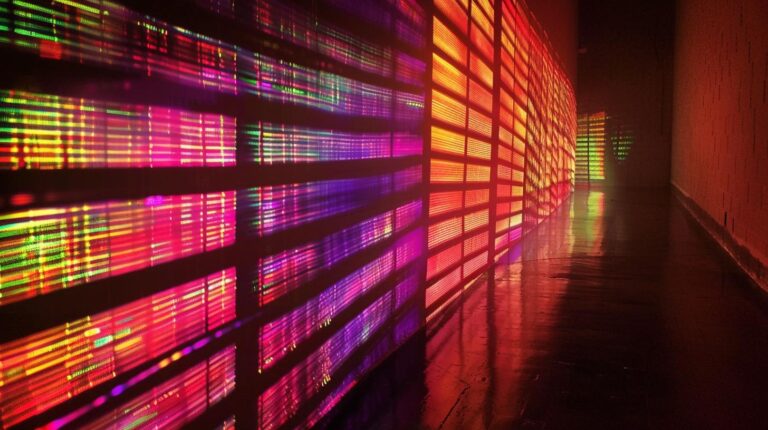 Colorful LED light installation on a corridor wall reflecting on the floor