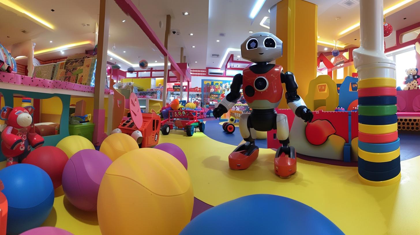 Colorful children's playroom with large toy robot, ball pit, and various toys.