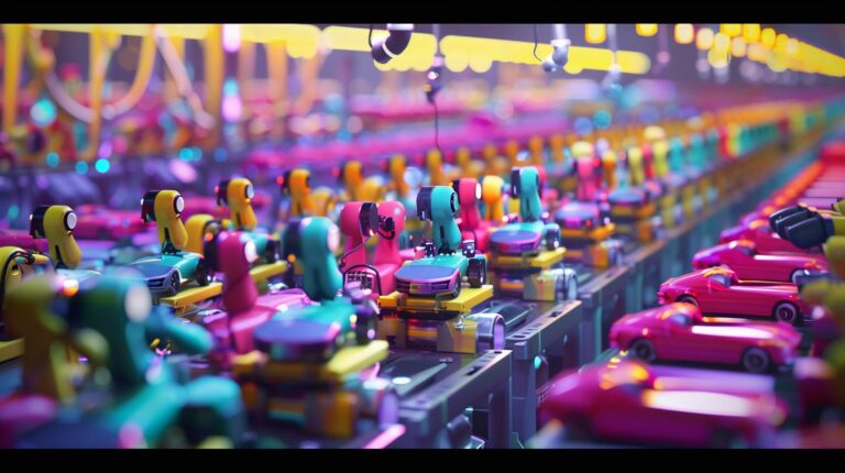 Vibrant assembly line with colorful robots building toy cars in a factory setting.