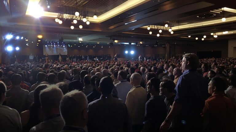 Audience at a conference event watching a speaker on stage with dramatic stage lighting.