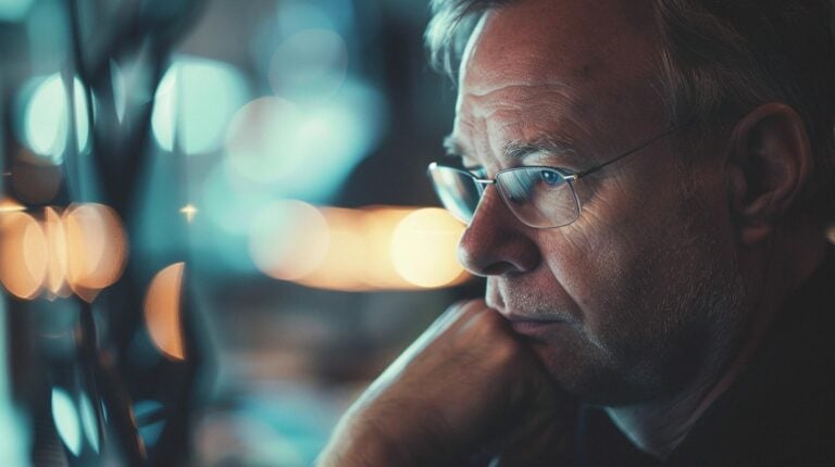 Contemplative middle-aged man with glasses looking out of a window with blurred lights in the background.