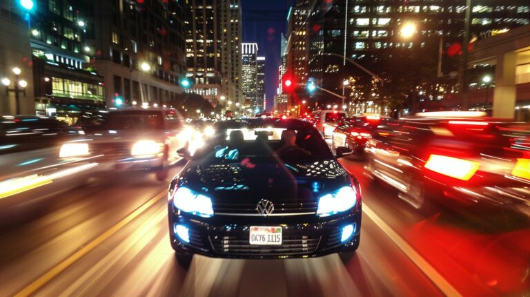 A convertible car driving at night with blurred city lights and traffic around it.