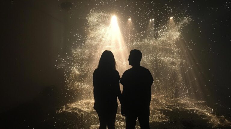 Silhouettes of a couple watching fireworks at night.