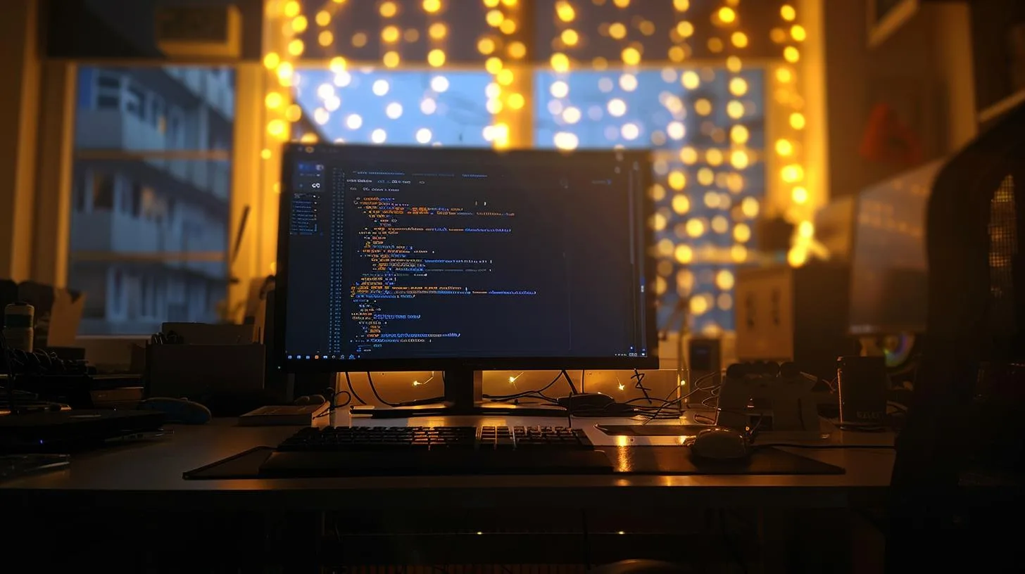 Cozy programmer workspace with multiple monitors displaying code, ambient lighting, and bokeh effect.