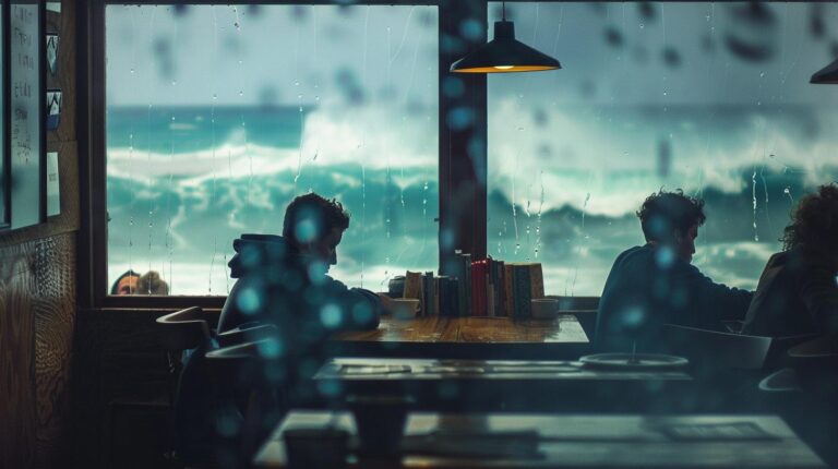 Cozy seaside cafe interior with customers and ocean view on a rainy day.