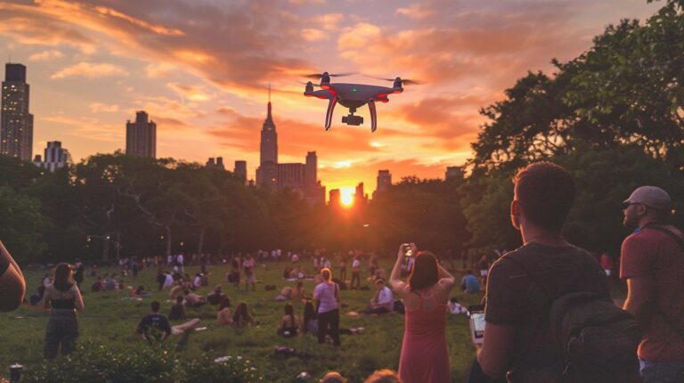 Drone flying over people in a park during sunset with city skyline in the background.