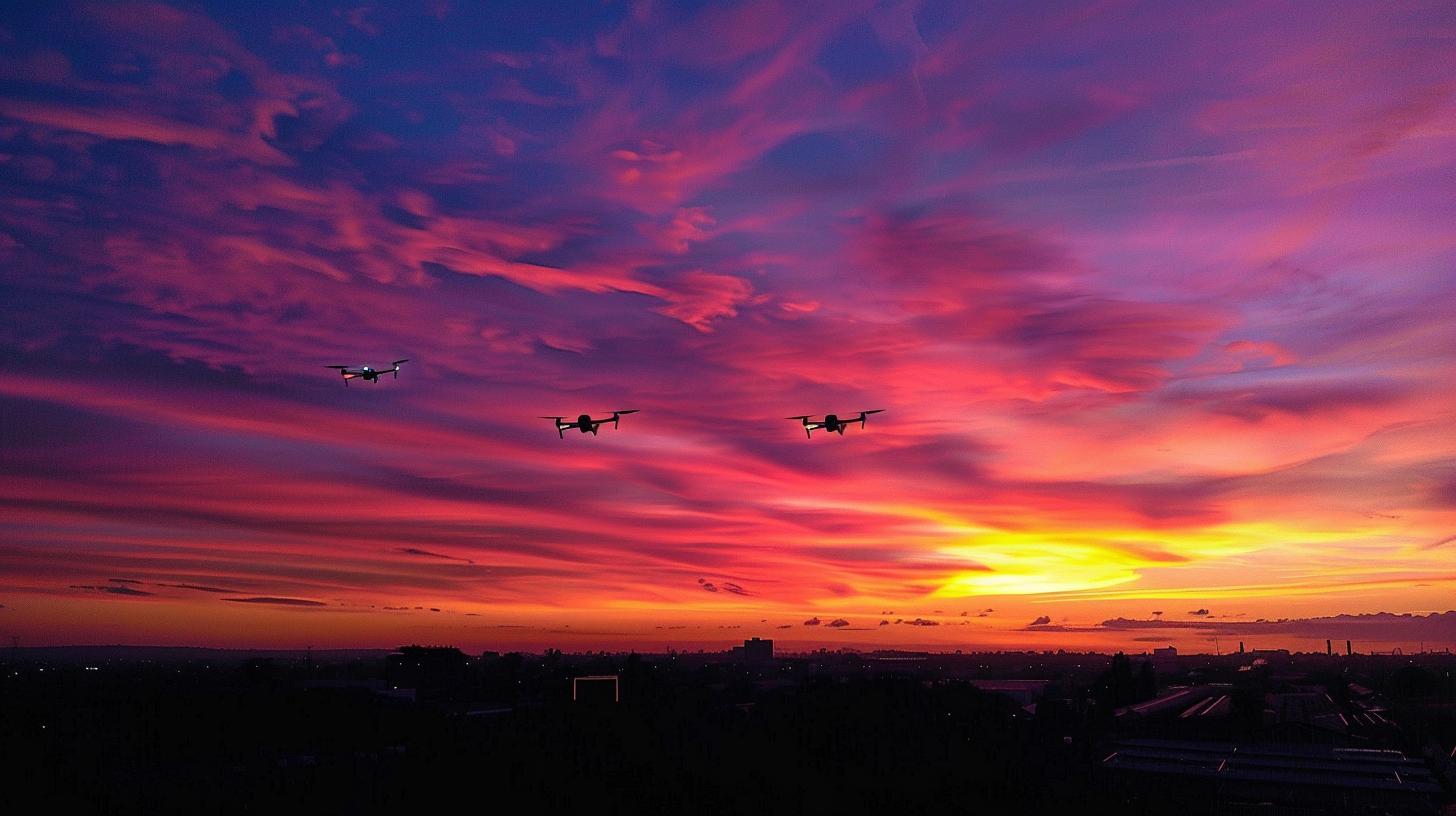 Drones flying at sunset with vivid purple and orange sky
