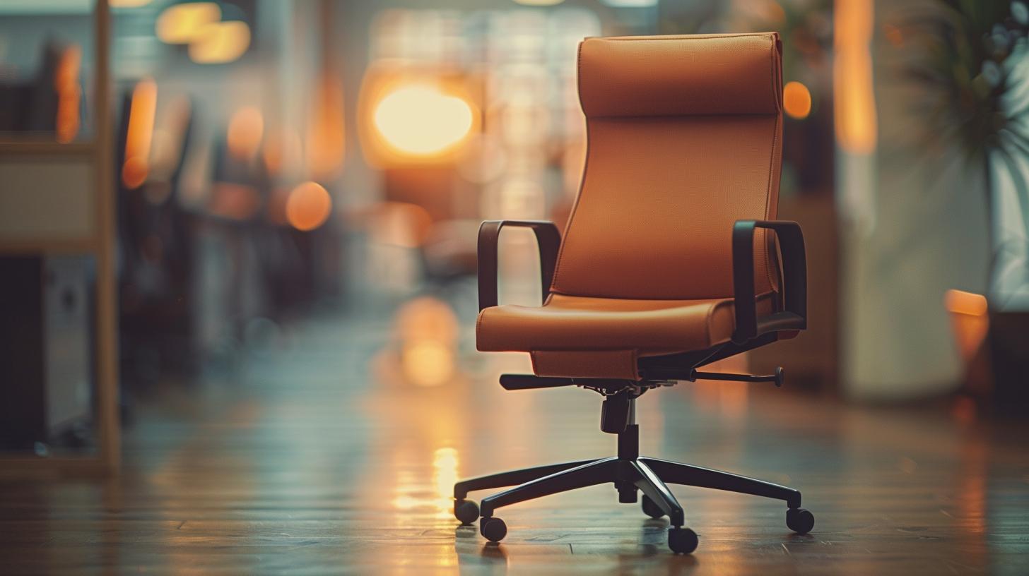 Empty brown leather office chair in a modern office with warm lighting