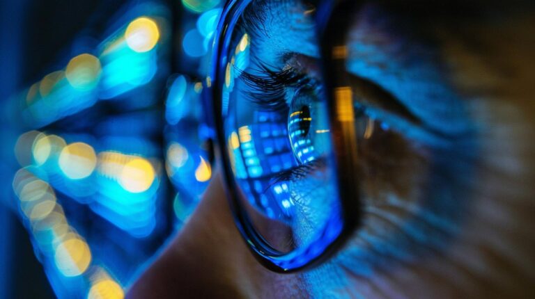 Close-up of a person's eye reflecting blue lights and computer keyboard through glasses.