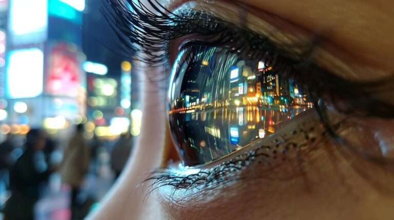 Close-up of a human eye reflecting vibrant city lights at night.