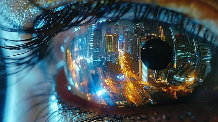 Close-up of a human eye reflecting a vibrant city skyline at night.