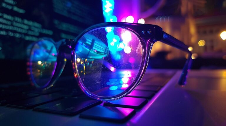 Eyeglasses on laptop keyboard with colorful bokeh lights reflecting on the lenses.