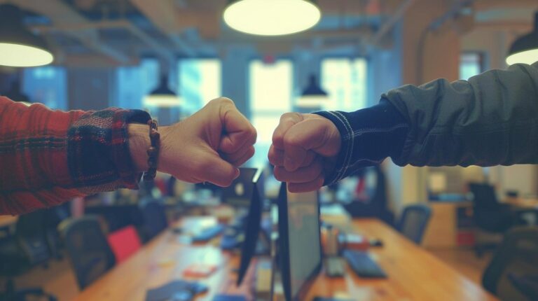 Two people bumping fists in an office environment