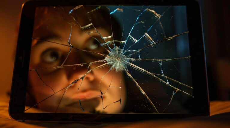 Person looking through a shattered tablet screen with a focused expression.