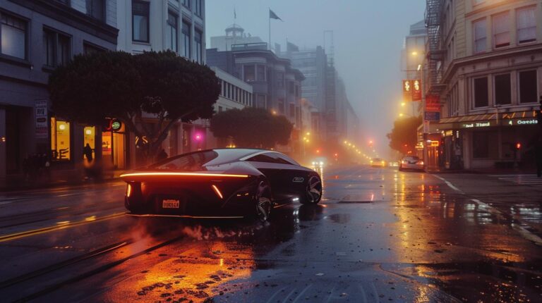Foggy city street at dusk with modern sports car and glowing street lights reflecting on wet pavement.