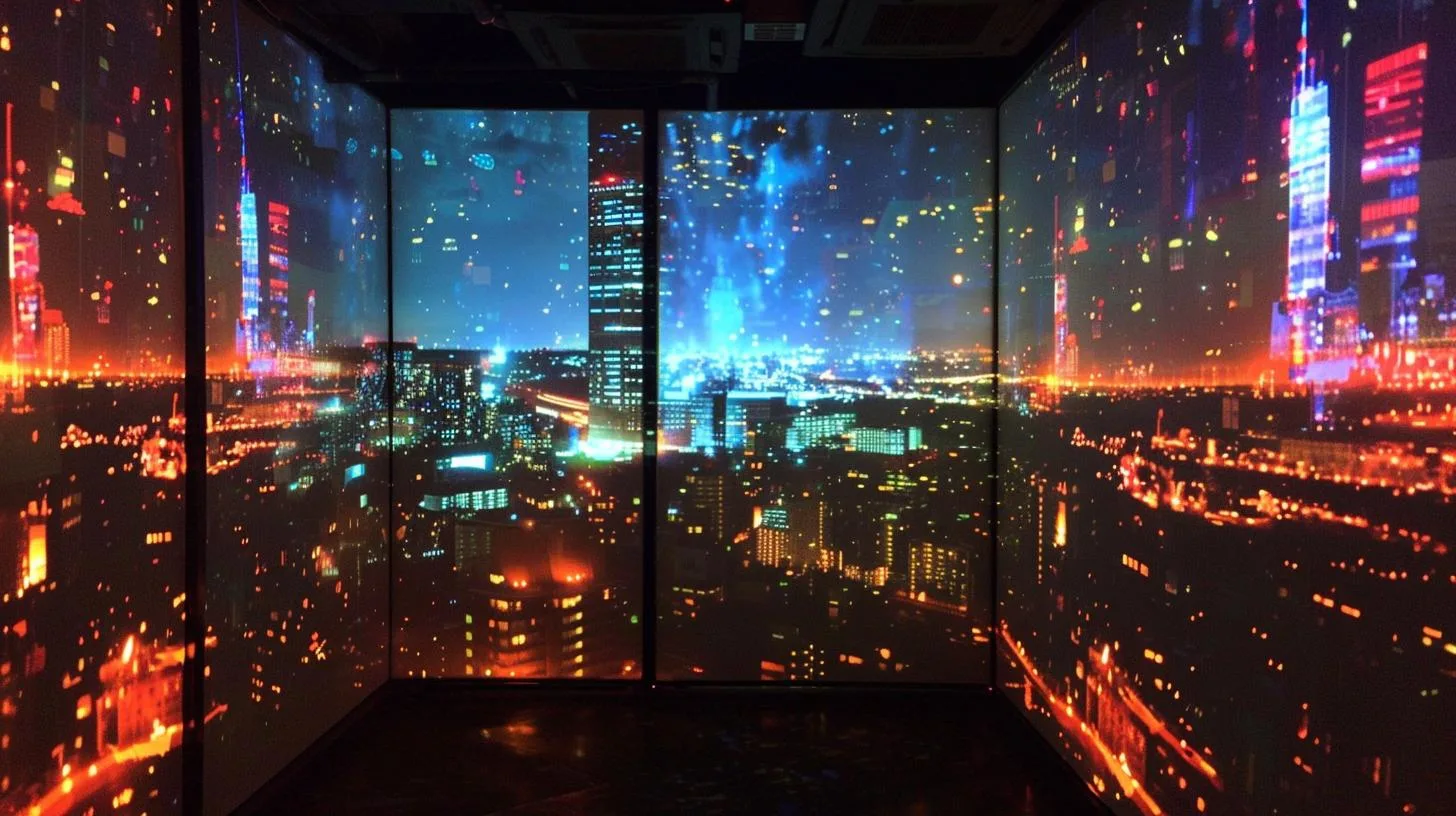 Futuristic cityscape projection in an immersive room with vibrant lights and skyscrapers.