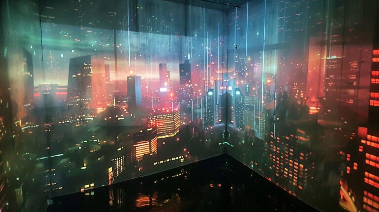 Futuristic cityscape projection with neon lights and rain effect creating a cyberpunk atmosphere.