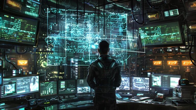 Person standing in a futuristic control room with holographic displays and advanced technology.