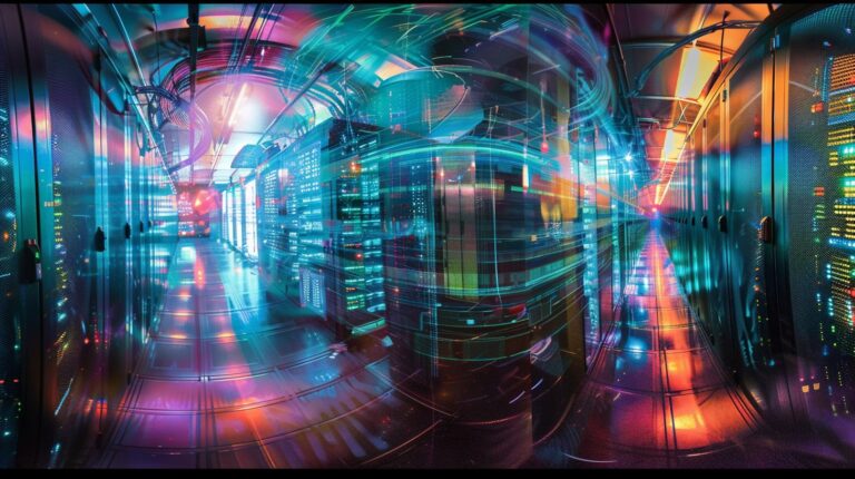 Futuristic data center with vibrant neon lights and server racks