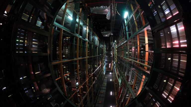 Interior view of a futuristic data center with illuminated server racks at night
