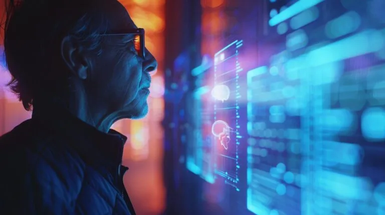 Person examining futuristic data server with holographic brain and information charts.
