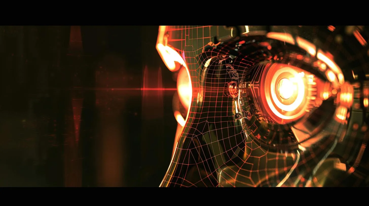 Futuristic digital tunnel with glowing red and orange elements and wireframe design.