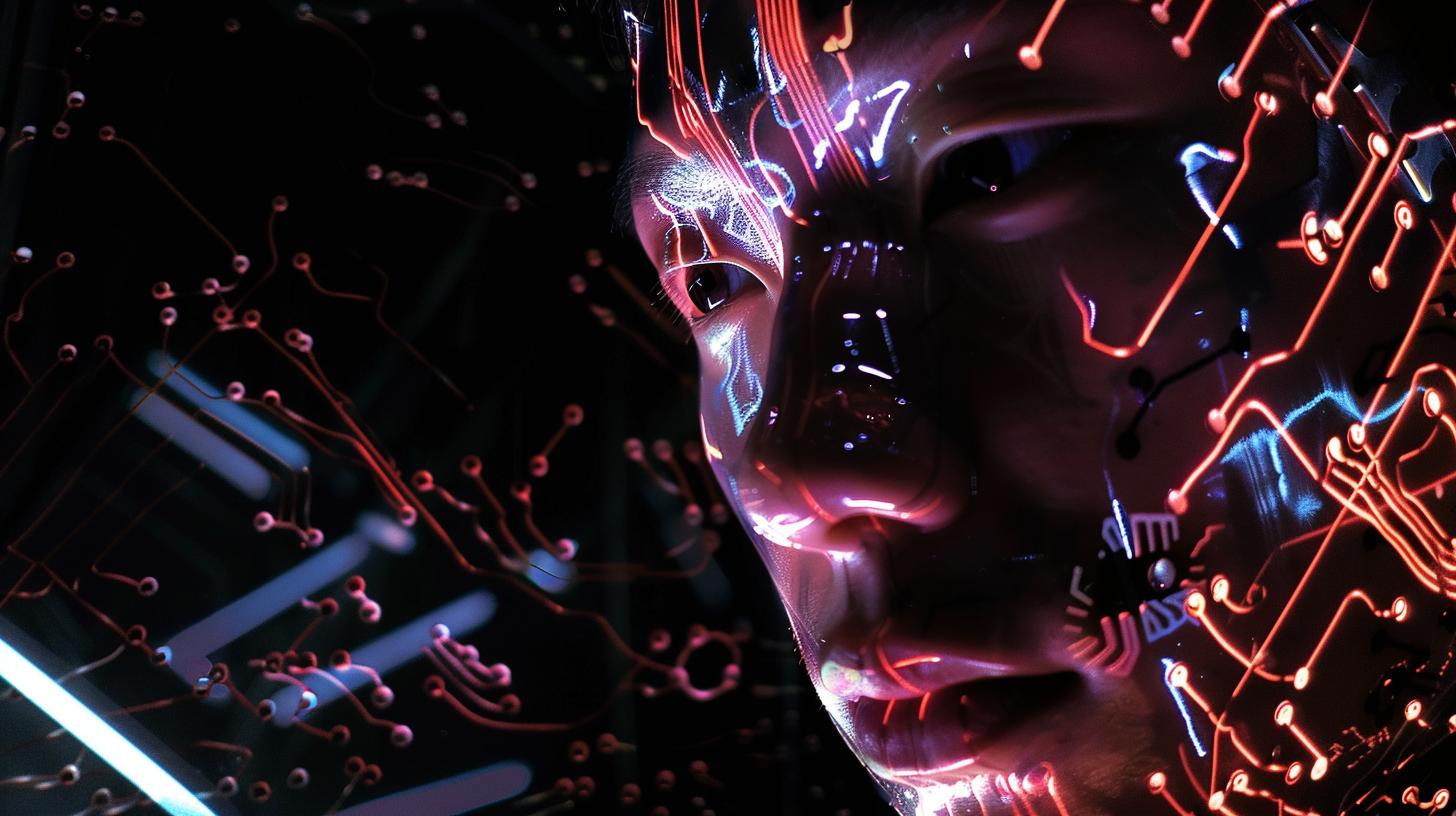 Close-up of a person's face with neon circuit patterns for a futuristic technology concept.