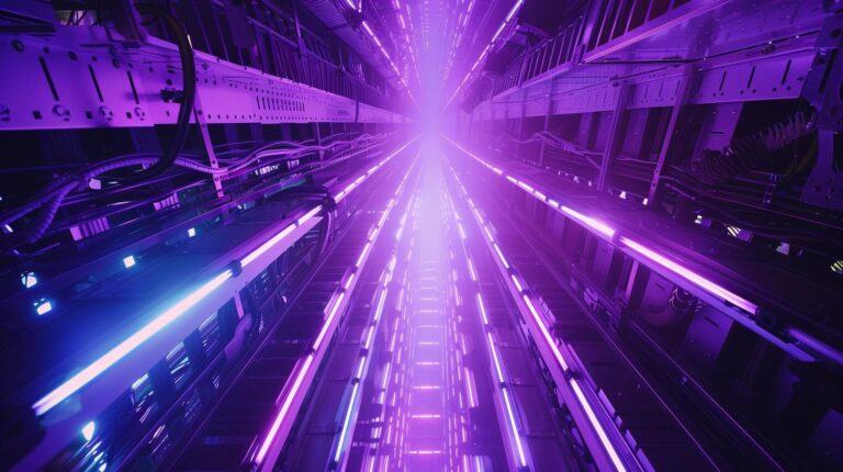 Vibrant purple and blue neon lights in a futuristic sci-fi tunnel corridor.