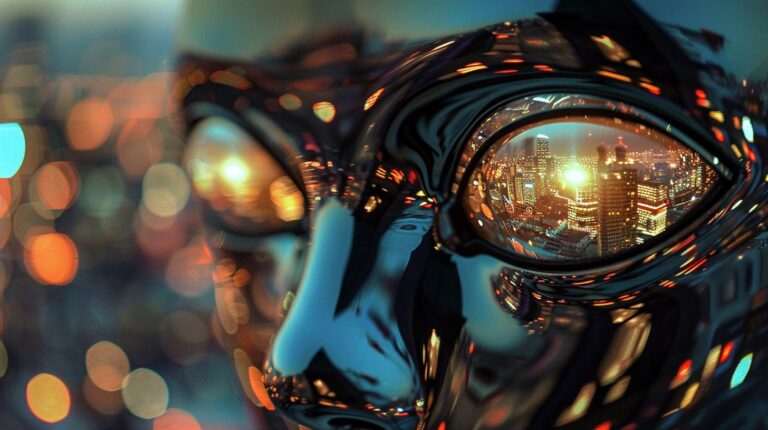 Futuristic robot head with cityscape reflection in the eyes at night.