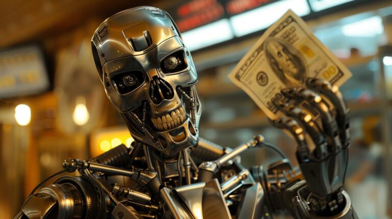 Futuristic robot holding a hundred dollar bill in a well-lit interior setting.