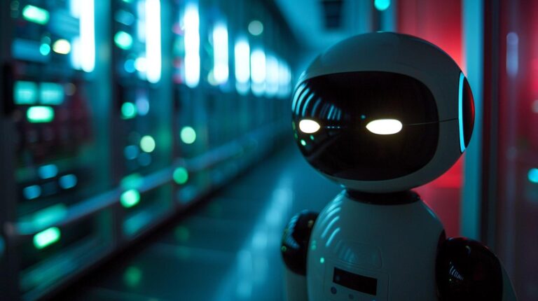 Futuristic robot in neon-lit environment displaying advanced technology and artificial intelligence.