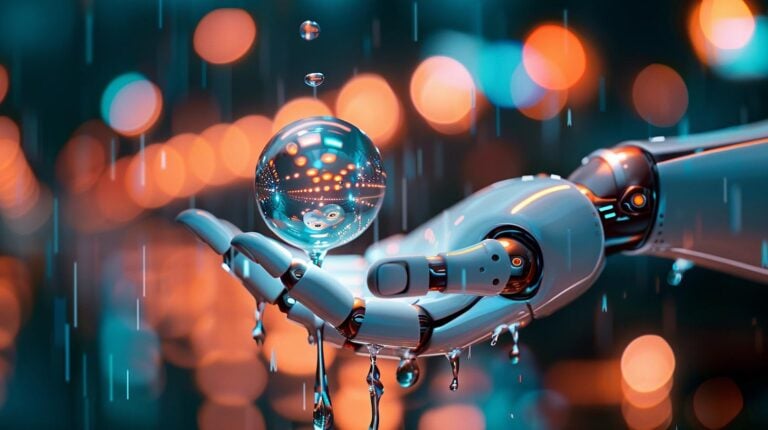 Futuristic robotic arm holding a levitating glass sphere with reflections and bokeh lights in the background.