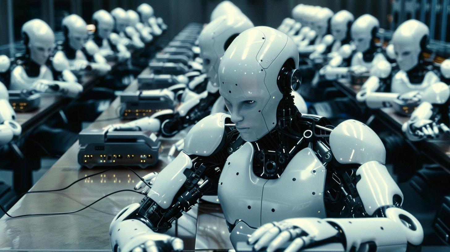 Futuristic humanoid robots working at an assembly line in a high-tech factory setting.