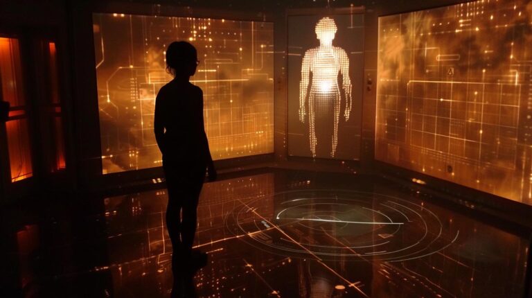 Person standing in a futuristic room with holographic displays and a digital human silhouette.